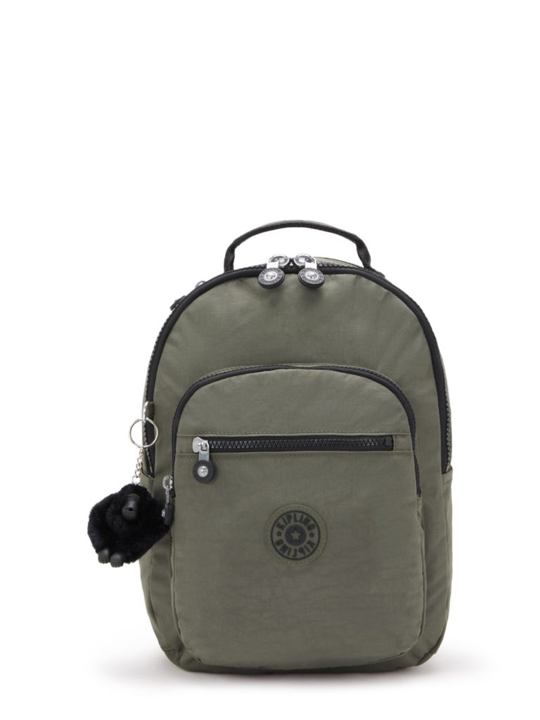 Kipling Backpacks Green Moss backpack with a front pocket and logo, featuring a top handle.